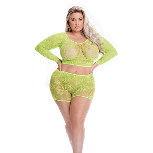 Leaf it to Me Long Sleeve Weed Festival Crop Top & Short Set Lingerie Pink Lipstick B Green