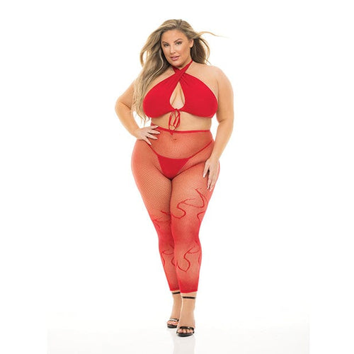Gives You Hell Halter Bra, Pantyhose & G-String Set Lingerie Pink Lipstick B Red