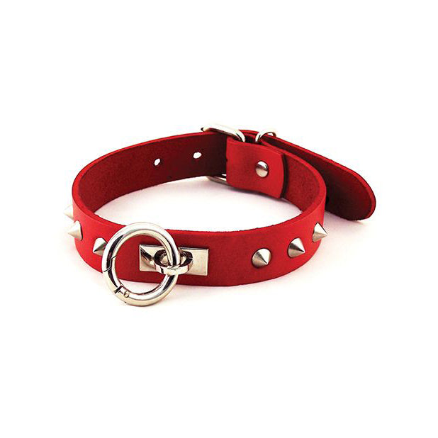Leather O Ring Studded Red Collar