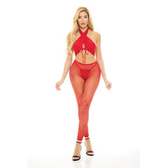 Gives You Hell Halter Bra, Pantyhose & G-String Set Lingerie Pink Lipstick A Red 