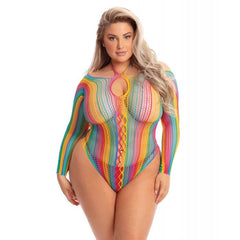 More Color Long Sleeve Rainbow Festival Bodysuit Lingerie Pink Lipstick B 