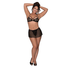 Strappy Bralette with Flirty Thong Skirt Lingerie Magic Silk Black S/M 