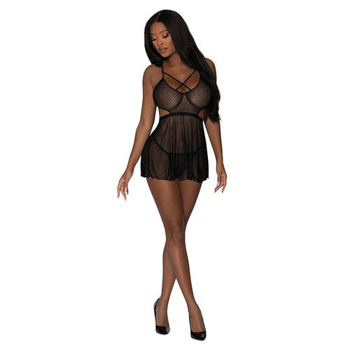 Flirty Babydoll & Crotchless Panty Set Lingerie Magic Silk Black S/M 