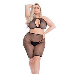 Sunset Glow Halter Bra & Bike Short Lingerie Pink Lipstick Black XL - 3XL 