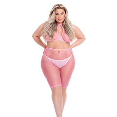 Sunset Glow Halter Bra & Bike Short Lingerie Pink Lipstick Pink XL - 3XL 